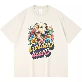 Футболка из 100% хлопка плотностью 230 г/м2 с изображением золотистого ретривера и цветов. Футболки с винтажным принтом Golden Heart в забавном стиле Harajuku из чесаного хлопка XS абрикосовый