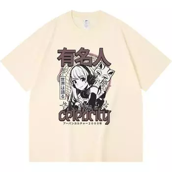 Футболка из 100% хлопка плотностью 230 г/м2 с принтом аниме-знаменитости в японском стиле Cyber Streetwear, футболки с забавным принтом в стиле Харадзюку из чесаного хлопка XS абрикосовый