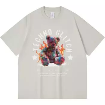 Футболка из 100% хлопка плотностью 230 г/м2 с принтом техно-медведя, забавная футболка из чесаного хлопка в стиле Харадзюку XS абрикосовый