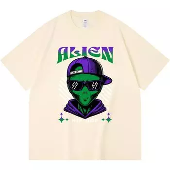 Футболка из 100% хлопка плотностью 230 г/м2 с принтом в стиле хип-хоп Alien, забавная футболка из чесаного хлопка в стиле Харадзюку XS абрикосовый