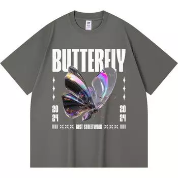 Футболка из 100% хлопка плотностью 230 г/м2 с голографическим принтом в виде бабочек, забавная футболка из чесаного хлопка в стиле Харадзюку XS абрикосовый