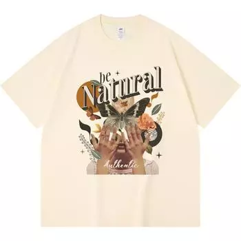 Футболка из 100% хлопка плотностью 230 г/м2, футболки с принтом Be Natural, забавная футболка из чесаного хлопка в стиле Харадзюку XS абрикосовый