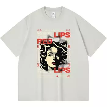 Футболка из 100% хлопка плотностью 230 г/м2 с принтом красных губ, забавная футболка из чесаного хлопка в стиле Харадзюку XS абрикосовый
