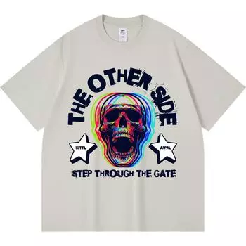 Футболка из 100% хлопка плотностью 230 г/м2 с принтом черепа и глюка на другой стороне, футболка в стиле Харадзюку из чесаного хлопка XS абрикосовый