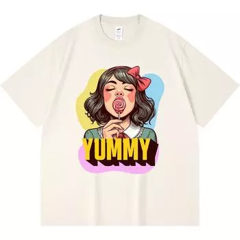 Футболка из 100% хлопка плотностью 230 г/м2 с принтом «Девушка с леденцом на палочке» в стиле ретро и поп-арта. Футболка из чесаного хлопка в смешном стиле Харадзюку. XS абрикосовый