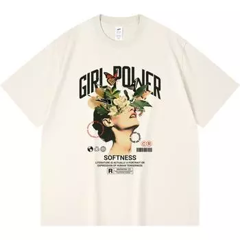 Футболка из 100% хлопка плотностью 230 г/м2, футболка Girl Power с принтом, забавная футболка в стиле Харадзюку из чесаного хлопка XS абрикосовый