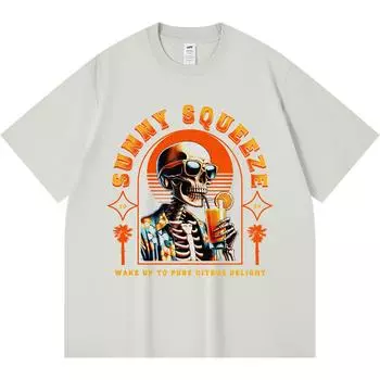 Футболка из 100% хлопка плотностью 230 г/м2 с принтом скелета и солнечной выжимкой, футболка с забавным принтом в стиле Харадзюку из чесаного хлопка XS абрикосовый