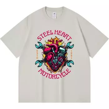 Футболка из 100% хлопка плотностью 230 г/м2 с принтом «Стальное сердце» и «Байкерская банда» в смешном стиле Харадзюку, футболка из чесаного хлопка XS абрикосовый