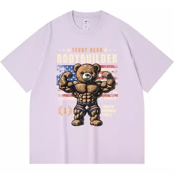 Футболка из 100% хлопка плотностью 230 г/м2 с принтом плюшевого мишки-бодибилдера, футболка в смешном стиле Харадзюку из чесаного хлопка XS абрикосовый