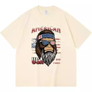 Футболка из 100% хлопка плотностью 230 г/м2 с принтом американского флага Bigfoot, футболка с забавным принтом в стиле Харадзюку из чесаного хлопка XS абрикосовый