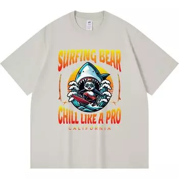 Футболка из 100% хлопка плотностью 230 г/м2 с принтом «Серфинг Медведь, отдохни как профессионал» Футболка в стиле Харадзюку из чесаного хлопка XS абрикосовый