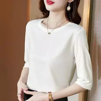Футболка из атласа с рукавом семь четвертей для женщин, весенняя, с круглым вырезом, модная, универсальная, маленькая, блузки и рубашки для женщин S чёрный
