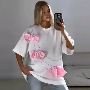 Футболка из цельного хлопка с 3D-бантом, женская, с коротким рукавом и круглым вырезом, со стразами, женская, новая весенняя модная дизайнерская футболка S белый