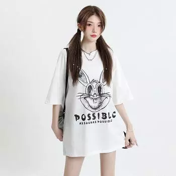 Футболка из чистого хлопка для пар для женщин и мужчин в одном стиле, новая летняя свободная и тонкая рубашка с круглым вырезом и короткими рукавами с креативным принтом S белый