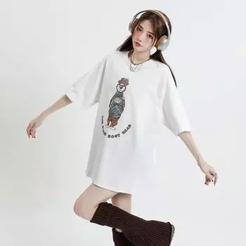 Футболка из чистого хлопка для пар для женщин и мужчин в одном стиле, новая летняя свободная и тонкая рубашка с круглым вырезом и короткими рукавами с креативным принтом S белый