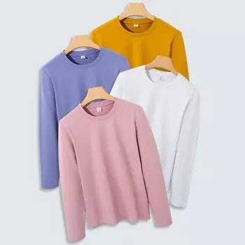 Футболка из чистого хлопка для женщин с длинным рукавом и круглым вырезом, утолщенный внутренний слой из хлопка, повседневная базовая рубашка, машинная стирка, хлопковая футболка для женщин S