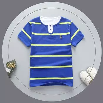 Футболка из чистого хлопка. Футболка с короткими рукавами для мальчиков и девочек 90–165 лет. Детская летняя футболка с короткими рукавами и двойным воротником с круглым вырезом в полоску. 100cm