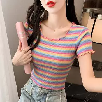 Футболка из чистого хлопка Harajuku, женский топ, летняя повседневная футболка с рюшами и эластичными радужными полосками, женская одежда, роскошная одежда, розовые топы Y2k S