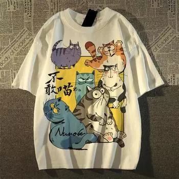 Футболка из чистого хлопка Летняя забавная футболка с принтом мультяшного кота Женская одежда Harajuku повседневная футболка большого размера черная белая Y2k Топы УНИСЕКС уличная одежда S белый