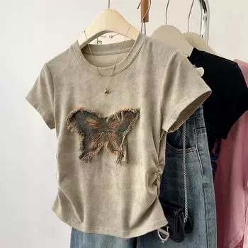 Футболка из чистого хлопка, лето 2024, винтажная футболка с принтом для женщин, одежда Harajuku, повседневная тонкая короткая футболка с бабочкой в стиле бабочки, топы для подруги Y2k M