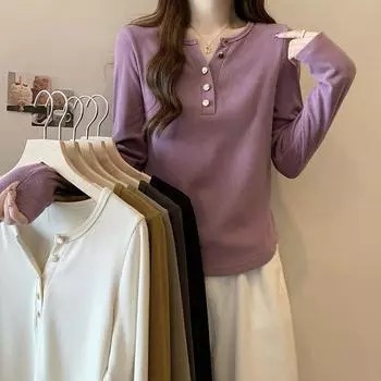 Футболка из чистого хлопка с длинными рукавами и V-образным вырезом, универсальная женская футболка на осень и зиму M фиолетовый