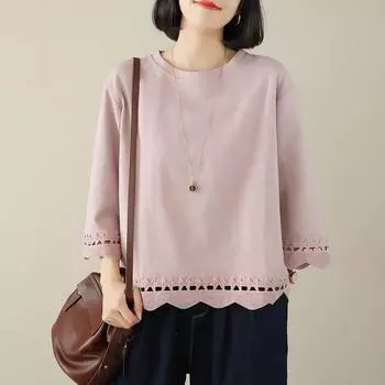 Футболка из чистого хлопка с длинными рукавами, весна-осень, свободная, большого размера, однотонная, ажурная, рукав три четверти, женская блузка для мам 5XL белый