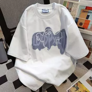 Футболка из чистого хлопка с милым призрачным принтом для мужчин и женщин. Летняя модная тенденция. Повседневный удобный топ из чистого хлопка для пары с короткими рукавами. Harajuku. S белый