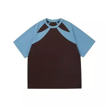 Футболка из чистого хлопка с открытыми плечами и яркими цветовыми блоками, светлая, с короткими рукавами M зелёный/абрикосовый