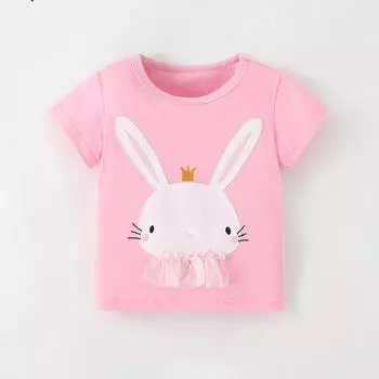 Футболка из чистого хлопка с вышивкой в виде милого мультяшного кролика для девочек, летняя футболка с коротким рукавом для девочек, сетчатые топы, футболки, детская одежда 3Y