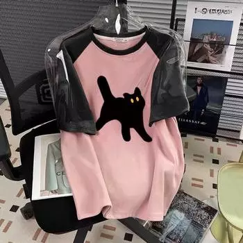 Футболка из чистого хлопка с забавным мультяшным принтом, большие размеры в стиле Харадзюку, женские футболки с цветными блоками, летние повседневные футболки y2k, хипстерские топы M светло-розовый