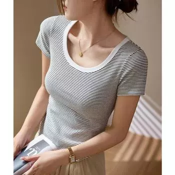 Футболка из чистого хлопка в полоску с короткими рукавами для женщин, летняя новая, с закругленным круглым вырезом, утягивающий топ S