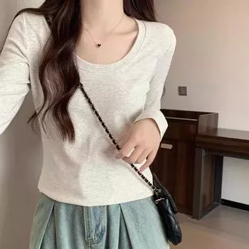 Футболка из чистого хлопка, женская, осень-зима, новый U-образный воротник, правое плечо, облегающий крой, стиль pure lust, базовый топ с длинными рукавами S
