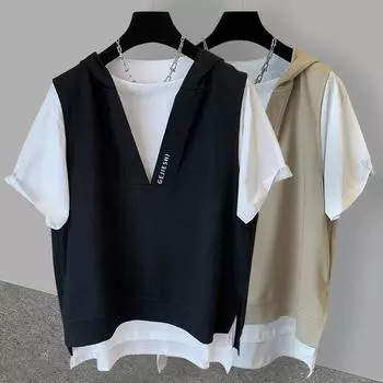 Футболка из двух частей с вышивкой и капюшоном, женская летняя свободная футболка с короткими рукавами XXXXL чёрный