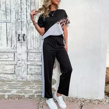 Футболка из двух частей Splicing Color Collision Leopard, повседневный модный удобный костюм для женщин S чёрный