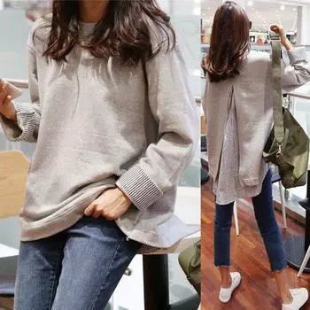 Футболка из двух частей в полоску весна-осень для женщин, свободный студенческий осенний пуловер S серый