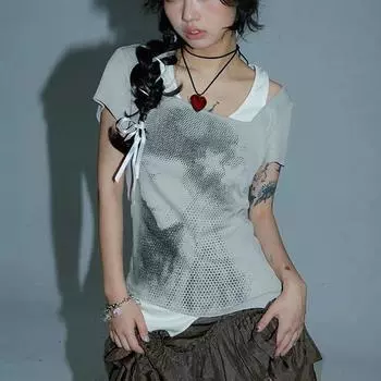 Футболка из двух предметов в стиле гранж, винтажная лоскутная футболка с короткими рукавами, топы Y2k Aesthetics, нестандартные футболки 2000-х годов, футболки Harajuku S серый