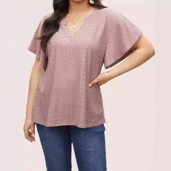 Футболка из европейско-американской коллекции Лето 2024 года для женщин больших размеров с V-образным вырезом и рукавами «летучая мышь» с ажурным кружевом 5XL