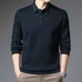 Футболка из хлопка для папы, мужская, с длинными рукавами, однотонная, для мужчин среднего возраста, новый стиль, повседневная, свободная, из двух частей, с имитацией нижнего топа M