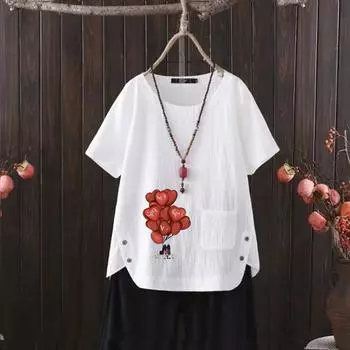 Футболка из хлопка и конопли с принтом Nordic Balloon Series и V-образным вырезом для женщин - лето 2025 г. S белый