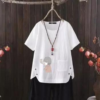 Футболка из хлопка и конопли с принтом Nordic Balloon Series и V-образным вырезом для женщин - Новое поступление лета 2025 г. S белый