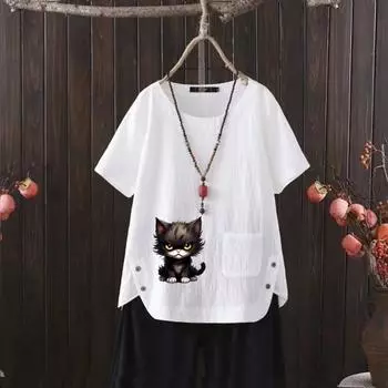 Футболка из хлопка и конопли с V-образным вырезом и принтом животных и кошек для женщин — летний must-have 2025 года S белый
