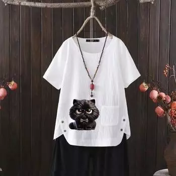 Футболка из хлопка и конопли с V-образным вырезом и принтом кошки для женщин - легкая модная летняя одежда 2025 года S белый