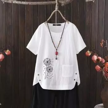 Футболка из хлопка и конопли с V-образным вырезом в скандинавском стиле с принтом одуванчика для женщин - 2025 Лето Легкая и воздушная S белый