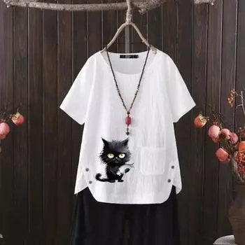 Футболка из хлопка и конопли с V-образным вырезом и принтом кошки для женщин - лето 2025 г., легкая и удобная S белый
