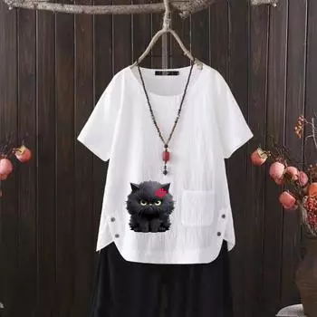 Футболка из хлопка и конопли с V-образным вырезом и принтом кошки для женщин - Летний трендовый дизайн 2025 года S белый