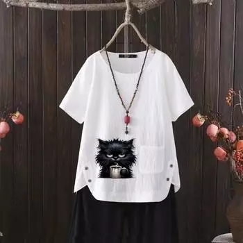 Футболка из хлопка и конопли с V-образным вырезом и принтом кошки для женщин - повседневная одежда на лето 2025 г. S белый