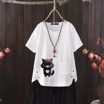 Футболка из хлопка и конопли с V-образным вырезом и принтом кошки для женщин - 2025 Лето Шикарно и Универсально S белый