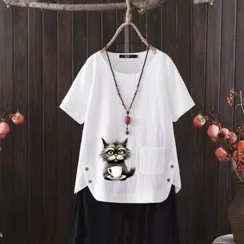 Футболка из хлопка и конопли с V-образным вырезом и принтом кошки для женщин - 2025 Лето Легкая и воздушная S белый