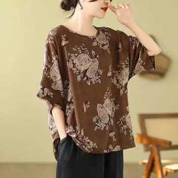 Футболка из хлопка и льна больших размеров для женщин с принтом, летняя, в этническом стиле, с рукавами «летучая мышь», утягивающая, свободная, с цветочным принтом L серый