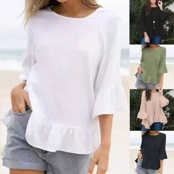 Футболка из хлопка и льна, однотонная, с круглым вырезом, с рукавами пять четвертей и оборками по краям, свободная, повседневная, пляжная, женская S белый